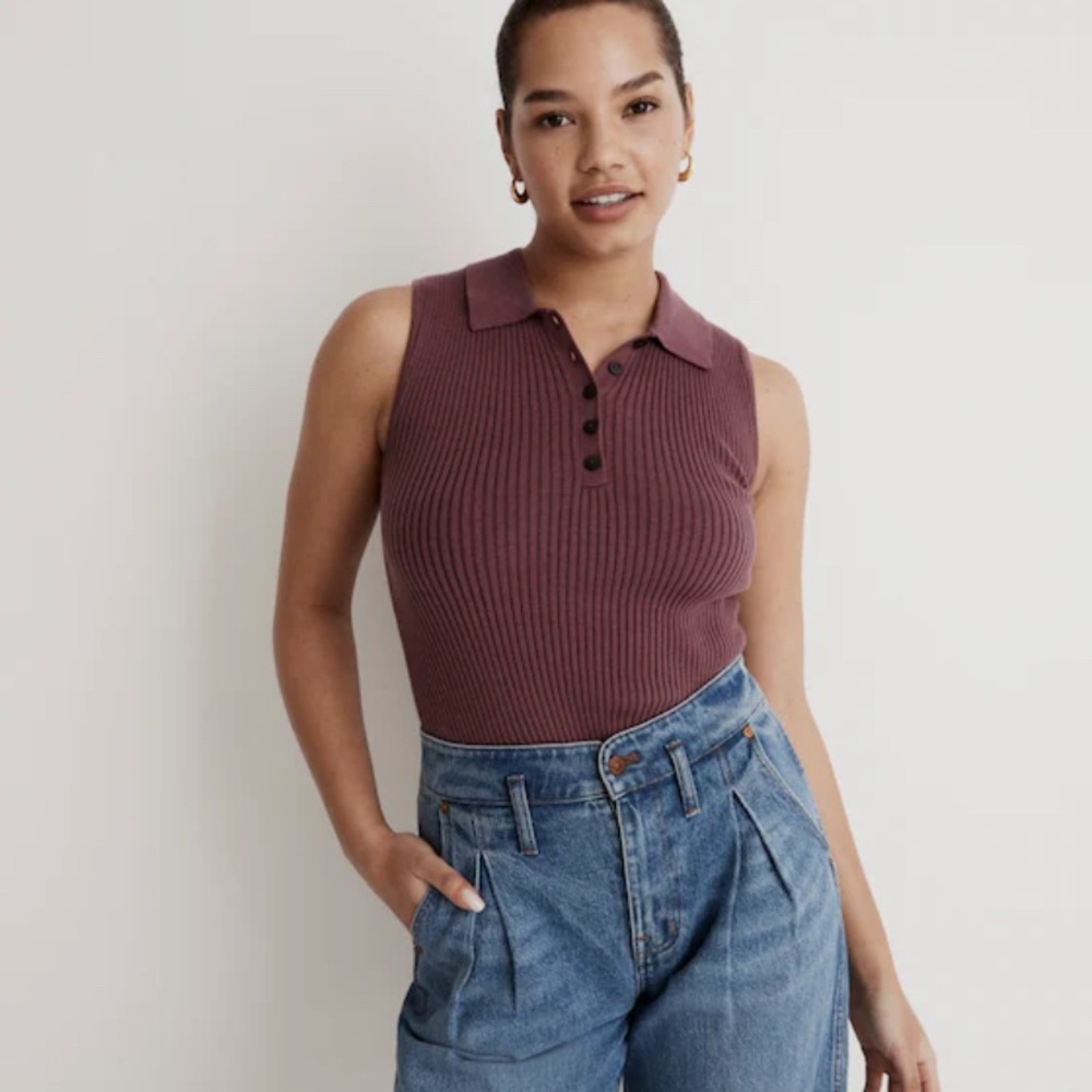 Madewell Sleeveless Ribbed Owen Polo Top in Burgundy